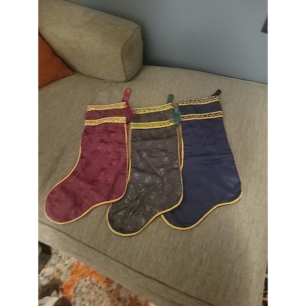 Set 3 Pier One 1 Jewel Tone Stockings Christmas Holiday Navy Burgundy Green Vtg